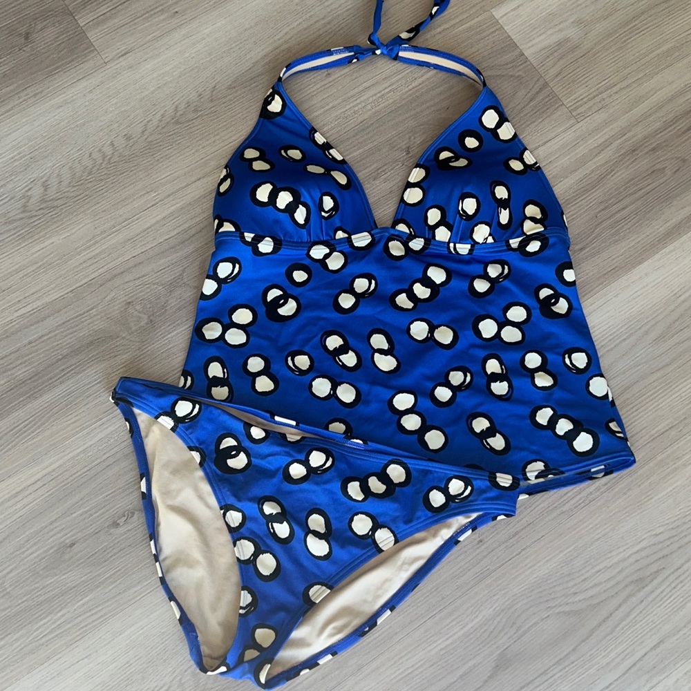 VICTORIA'S SECRET Tankini Halter Top Bikini Set XL Blue Polka Dot Swim Beach